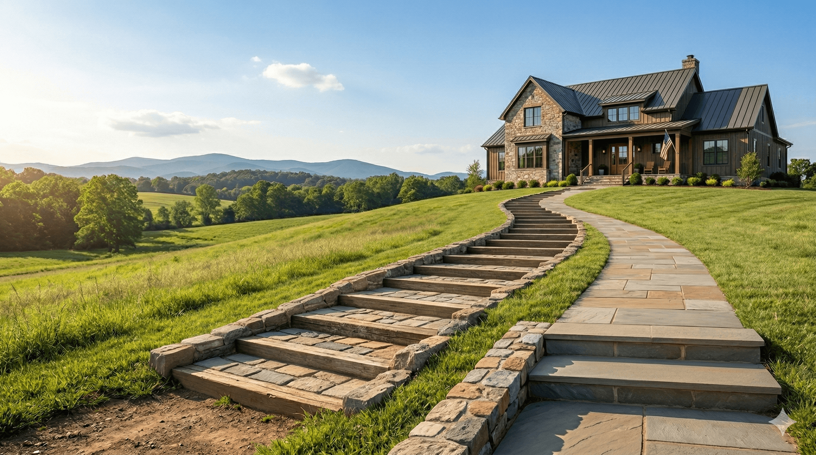 Stone pathway leading up to a custom Trigon home with Blue Ridge Mountain views